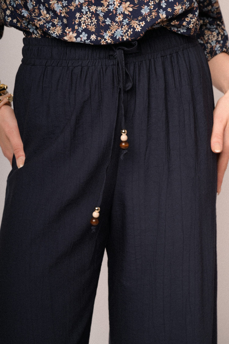 Blue viscose elasticated waistband wide-leg trousers