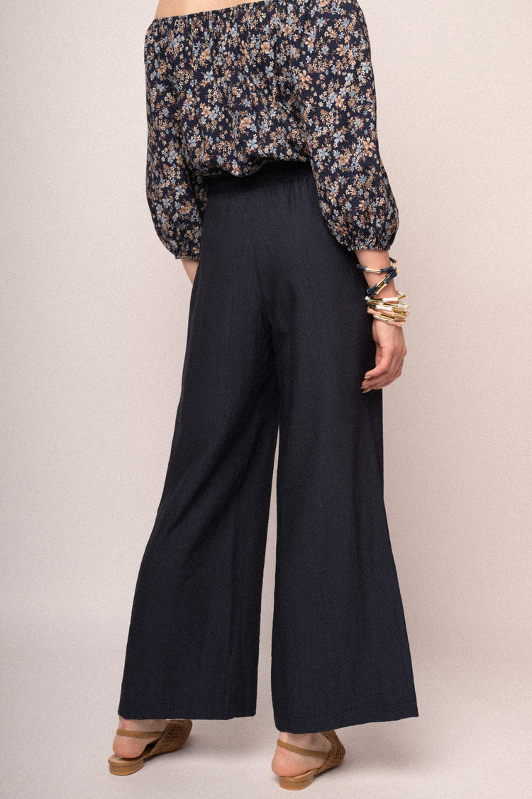 Blue viscose elasticated waistband wide-leg trousers