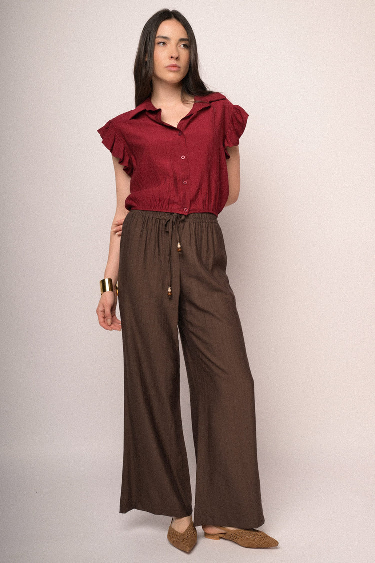 Chocolate viscose elasticated waistband wide-leg trousers