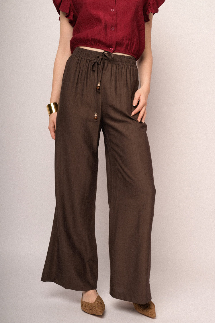 Chocolate viscose elasticated waistband wide-leg trousers
