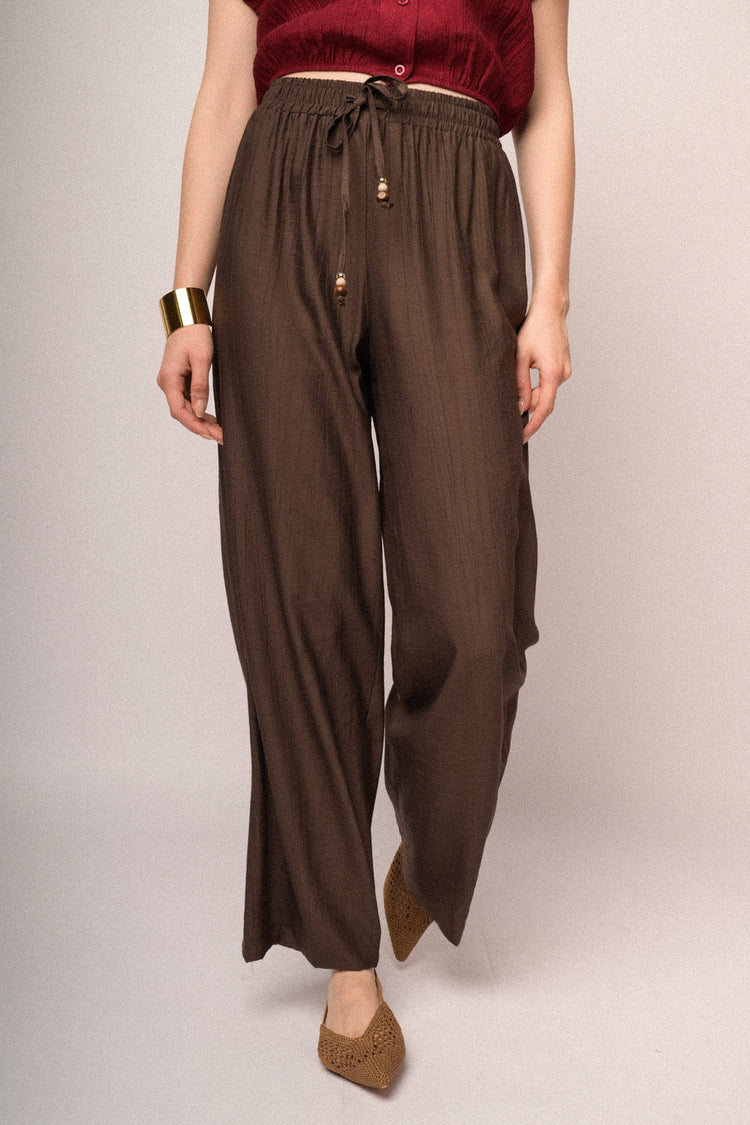 Chocolate viscose elasticated waistband wide-leg trousers