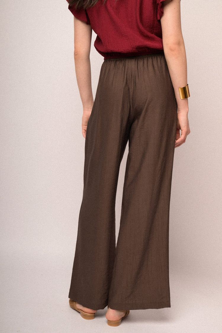 Chocolate viscose elasticated waistband wide-leg trousers