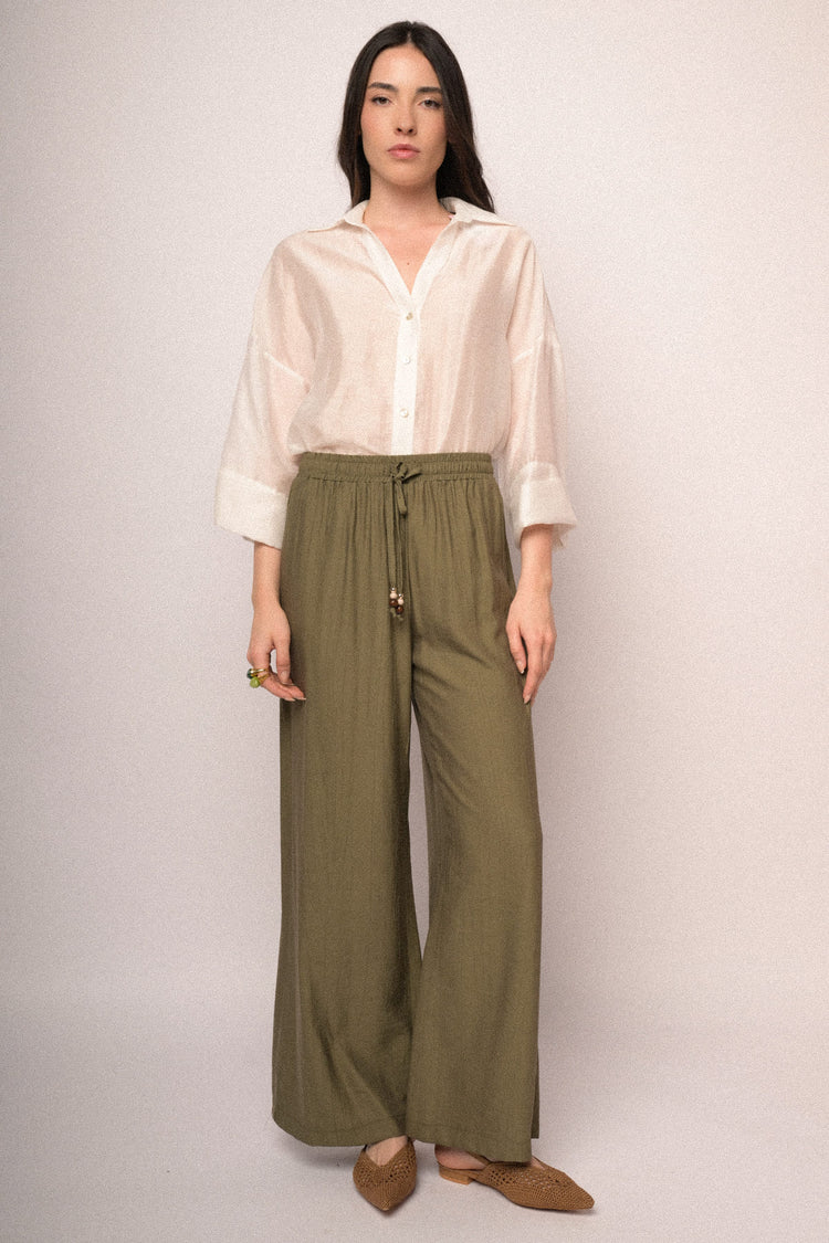 Olive viscose elasticated waistband wide-leg trousers