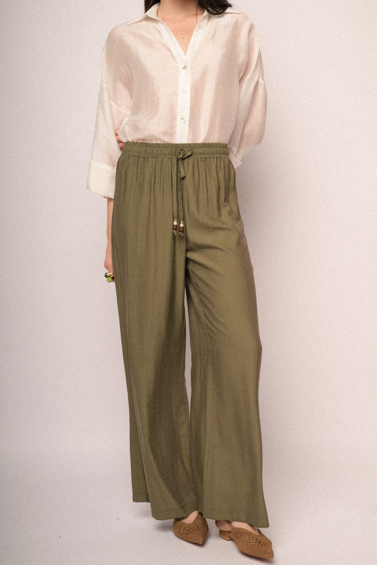 Olive viscose elasticated waistband wide-leg trousers