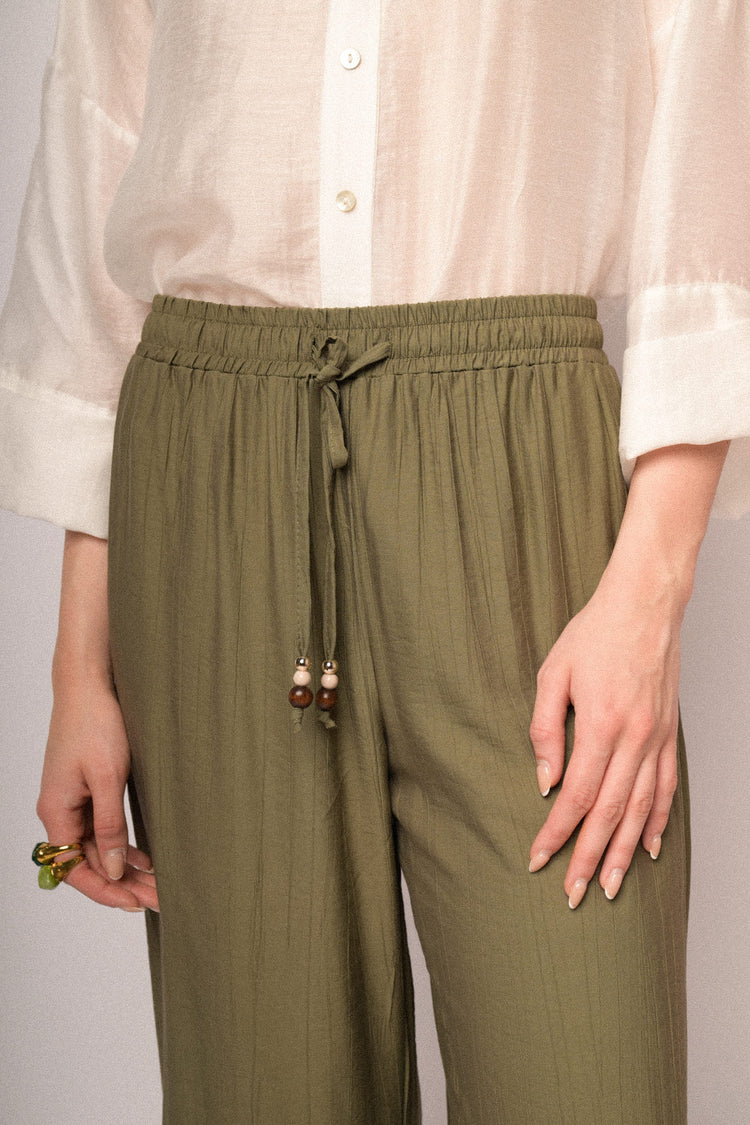 Olive viscose elasticated waistband wide-leg trousers