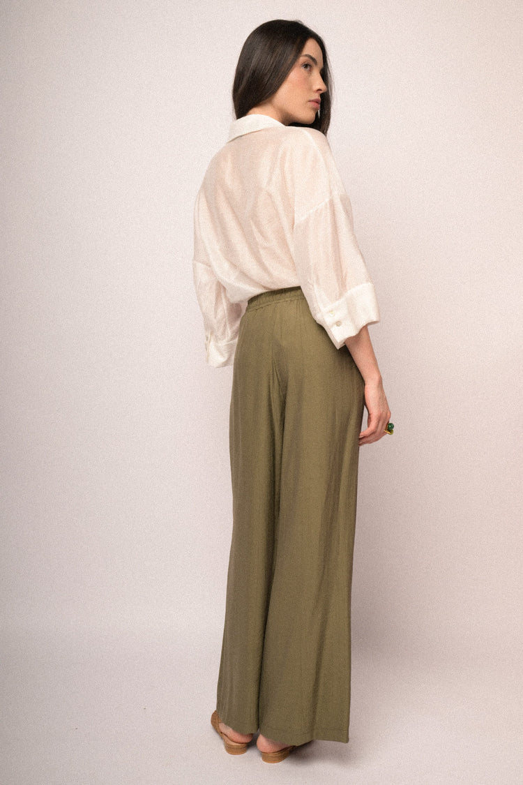 Olive viscose elasticated waistband wide-leg trousers