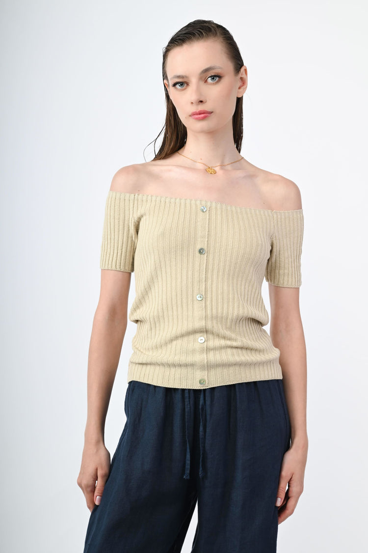 Button-detail off-the-shoulder top