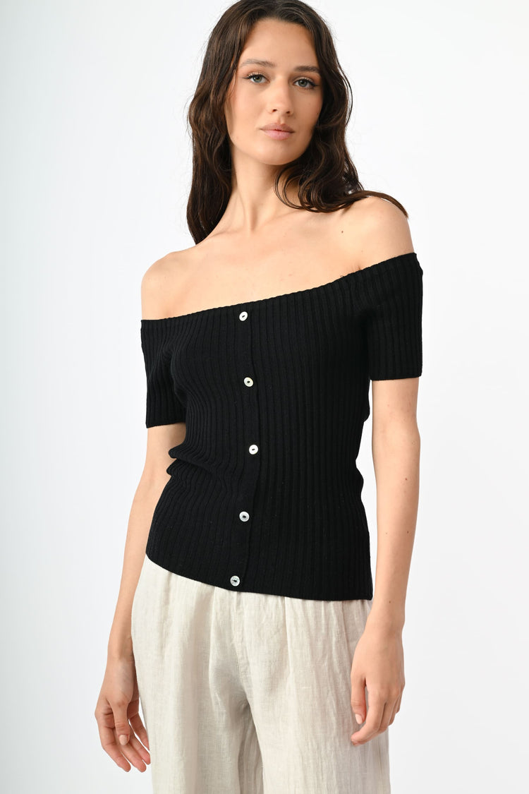 Button-detail off-the-shoulder top