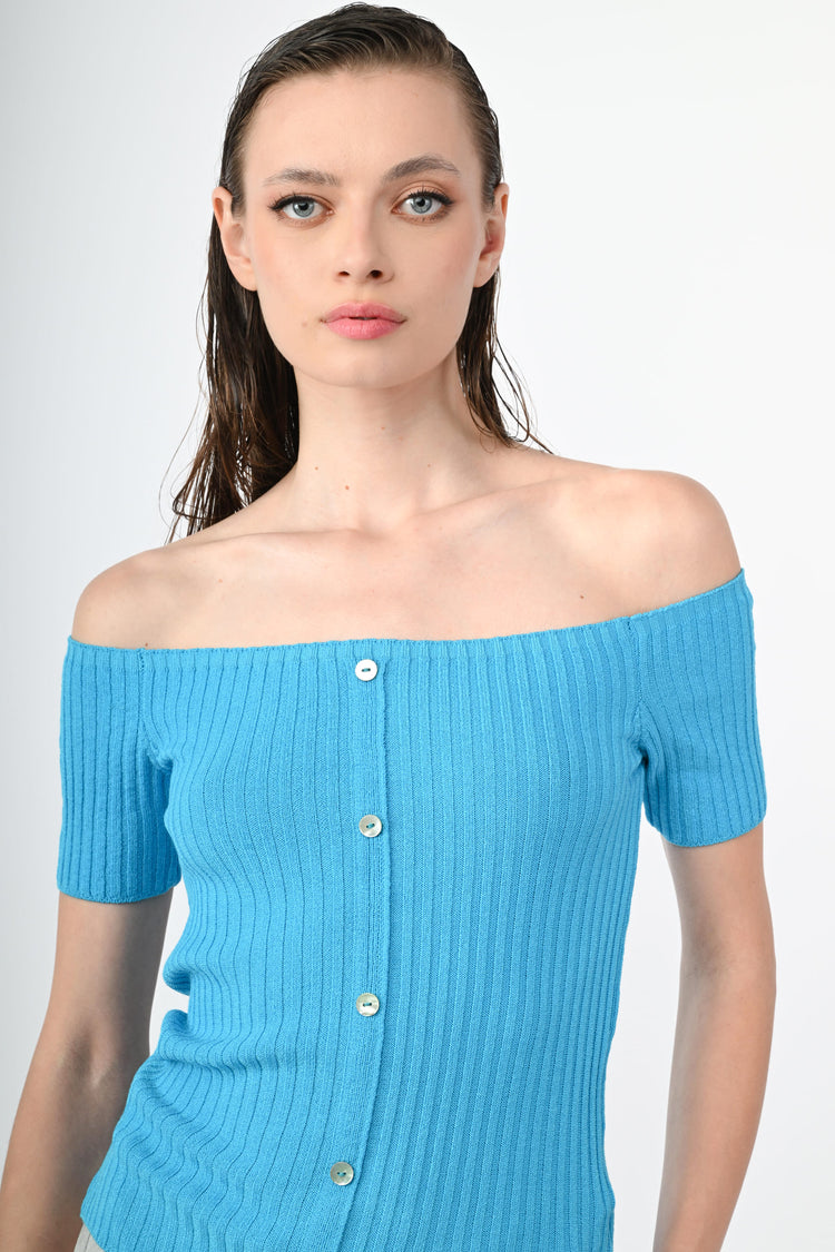 Button-detail off-the-shoulder top