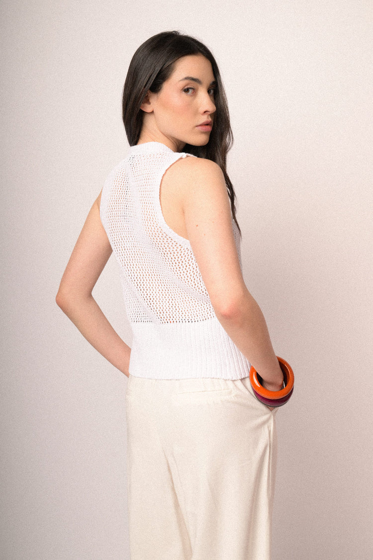 Jewel-button white perforated knit vest