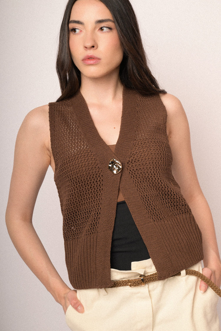 Jewel-button chocolate perforated knit vest