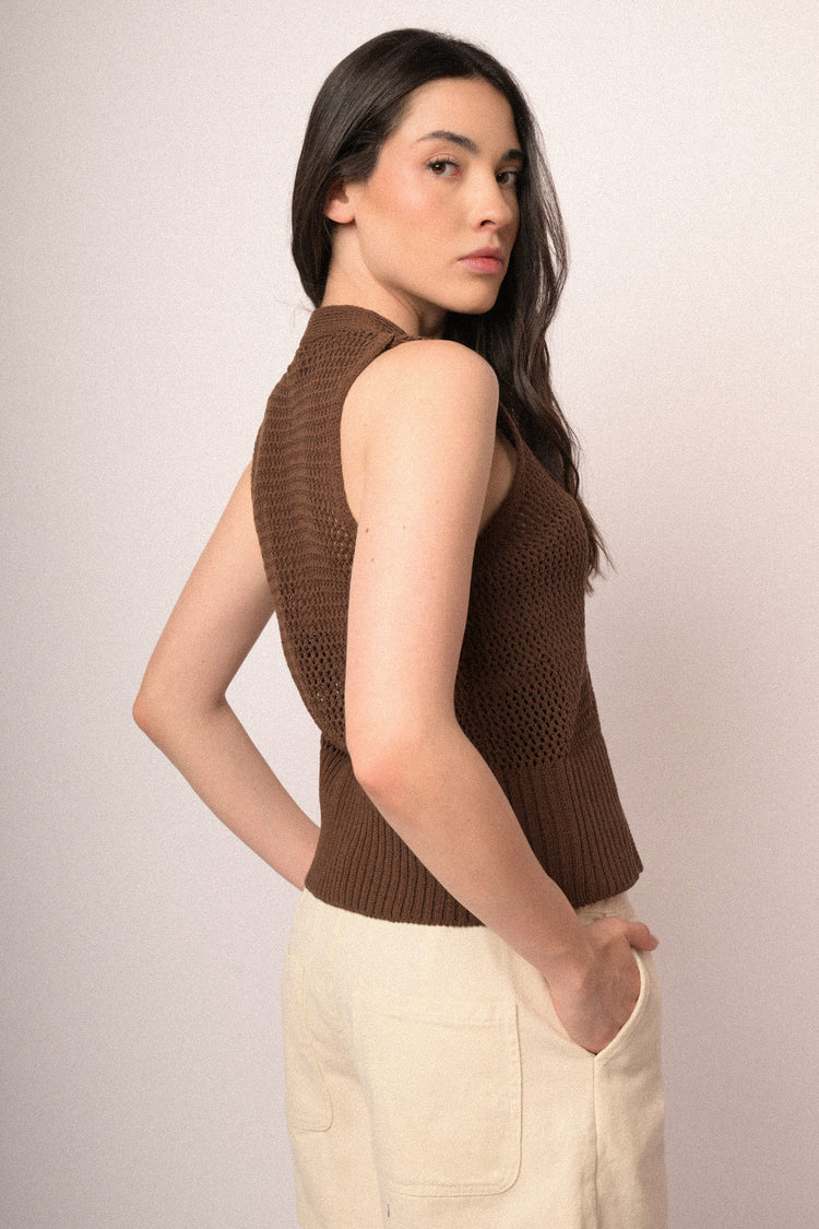 Jewel-button chocolate perforated knit vest