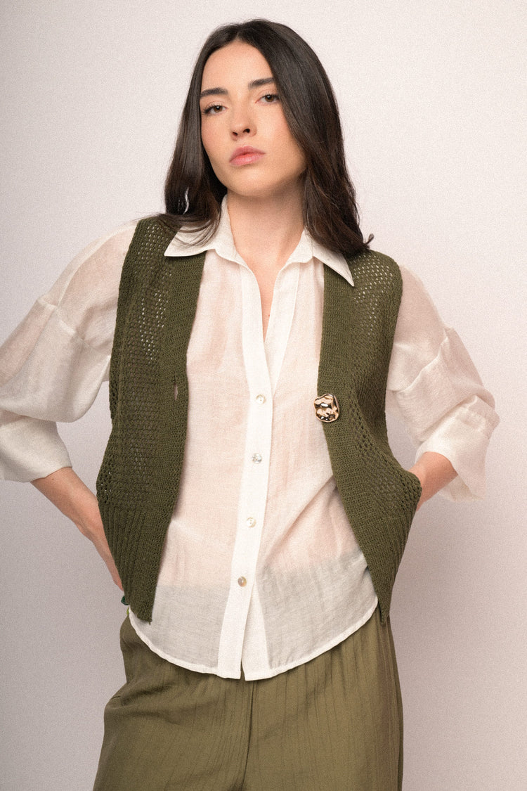 Jewel-button olive perforated knit vest