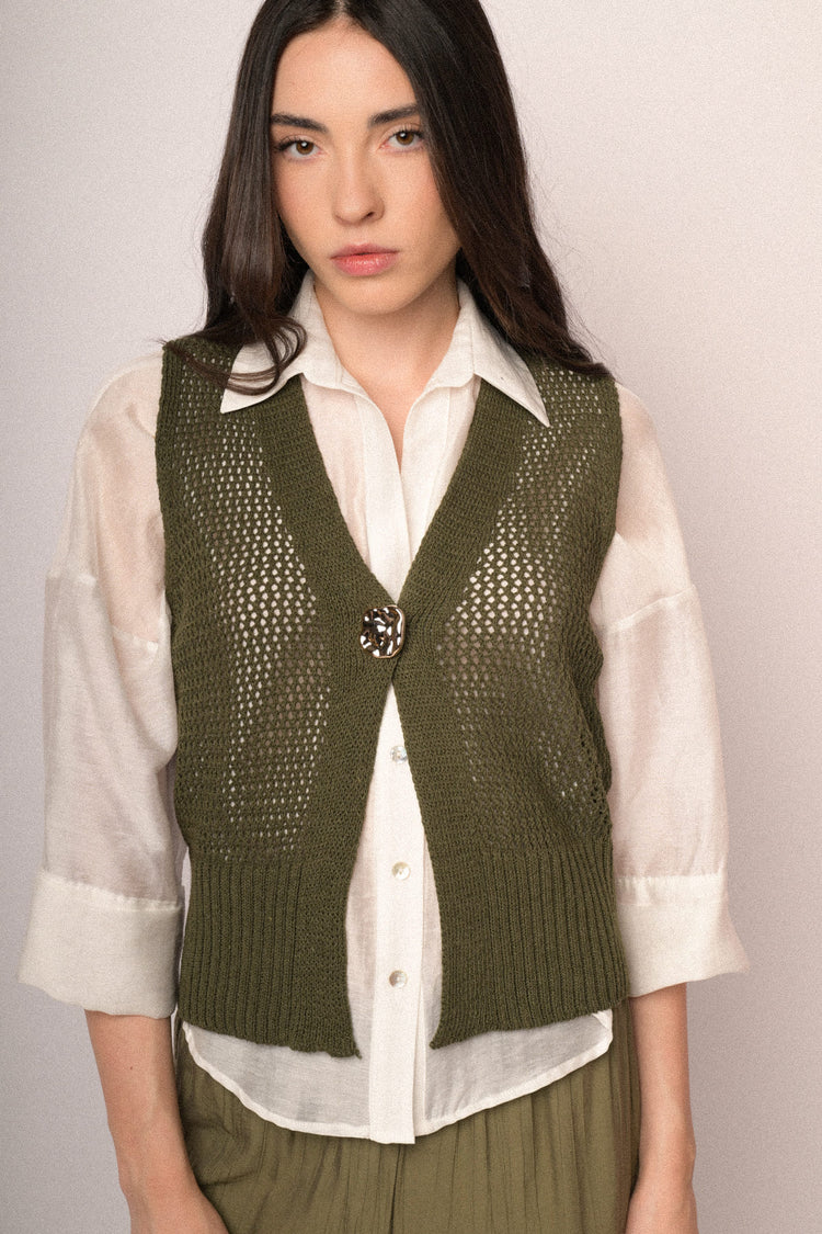 Jewel-button olive perforated knit vest