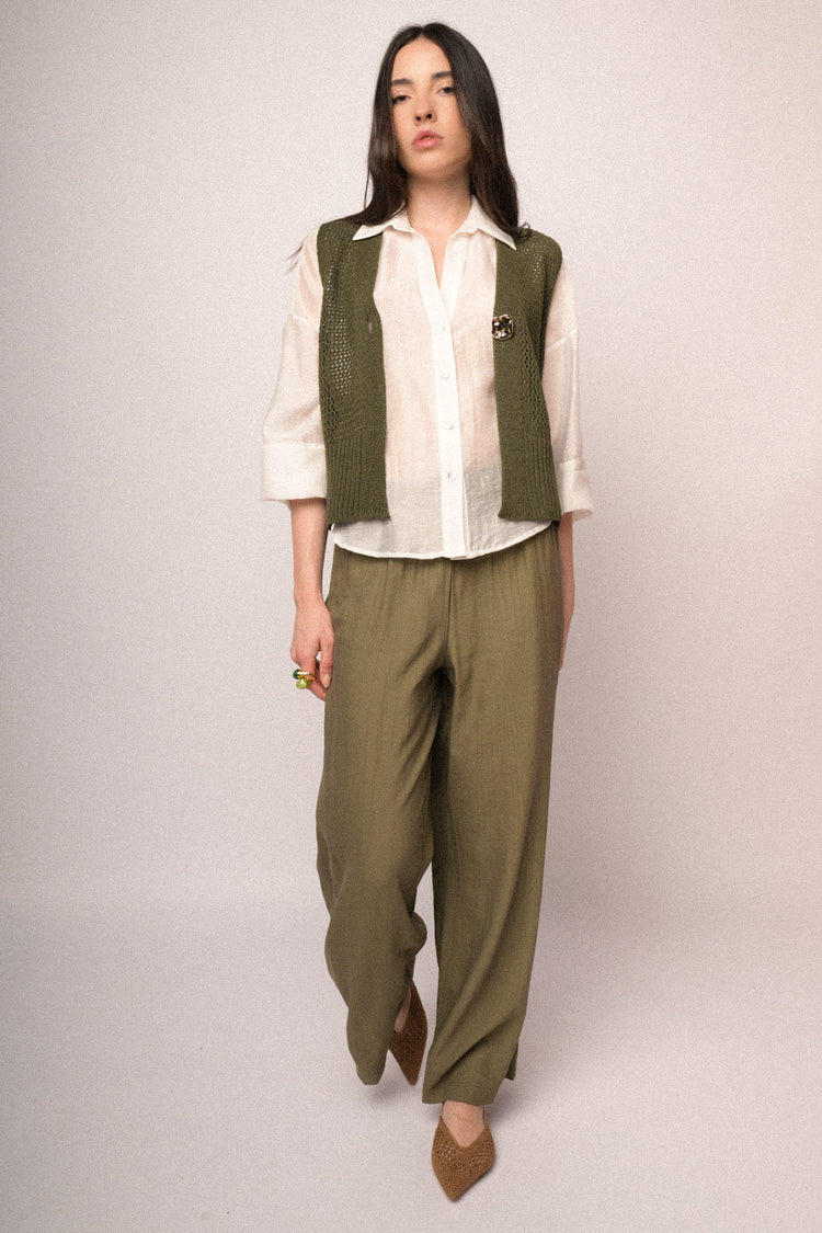 Jewel-button olive perforated knit vest