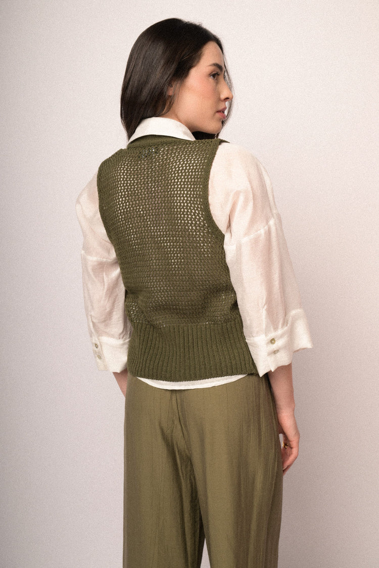 Jewel-button olive perforated knit vest