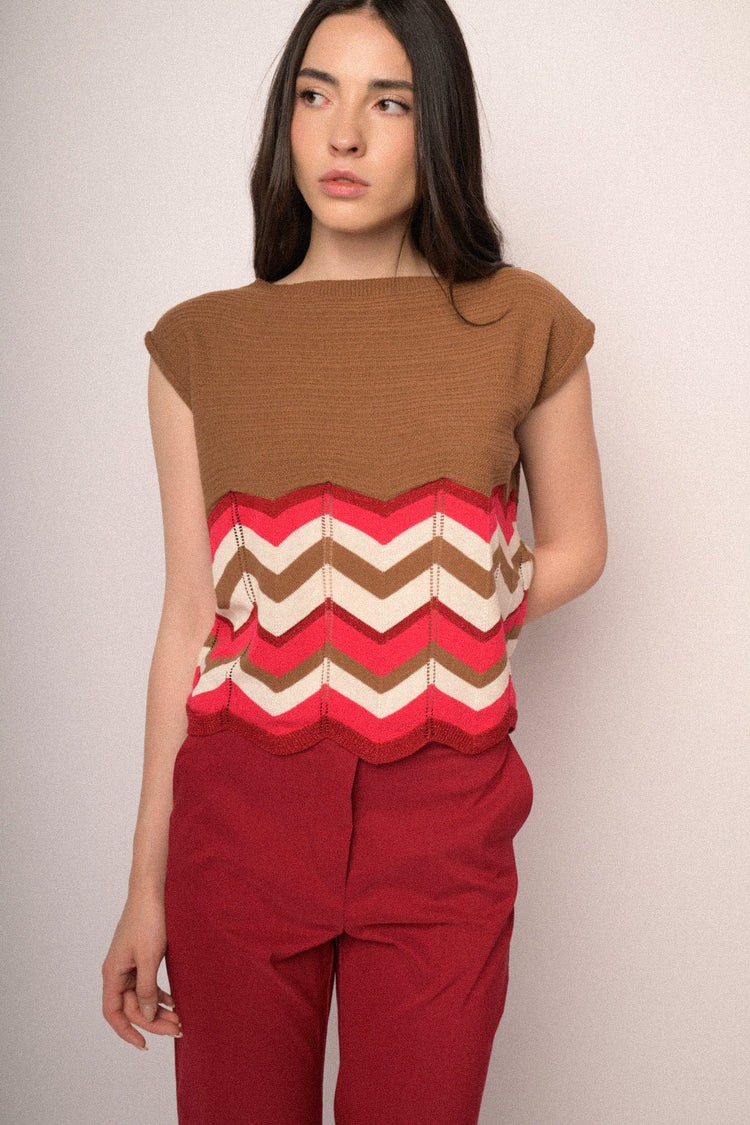Multicolor zig-zag brown knit top