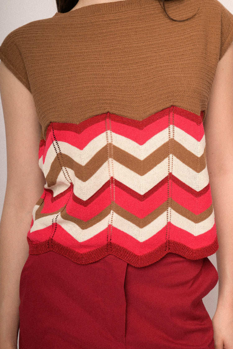 Multicolor zig-zag brown knit top