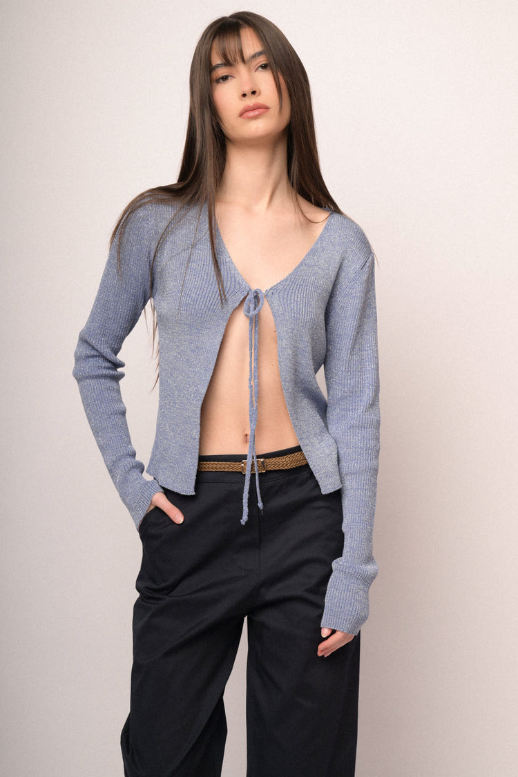 Light blue self-tie straps lurex knit cardigan
