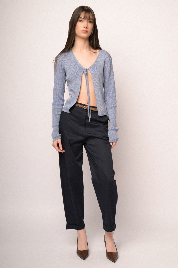 Light blue self-tie straps lurex knit cardigan