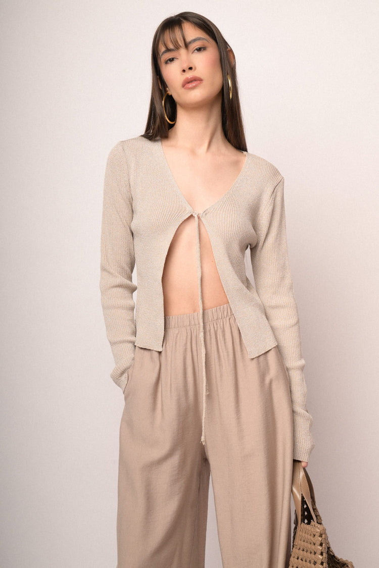 Beige self-tie straps lurex knit cardigan