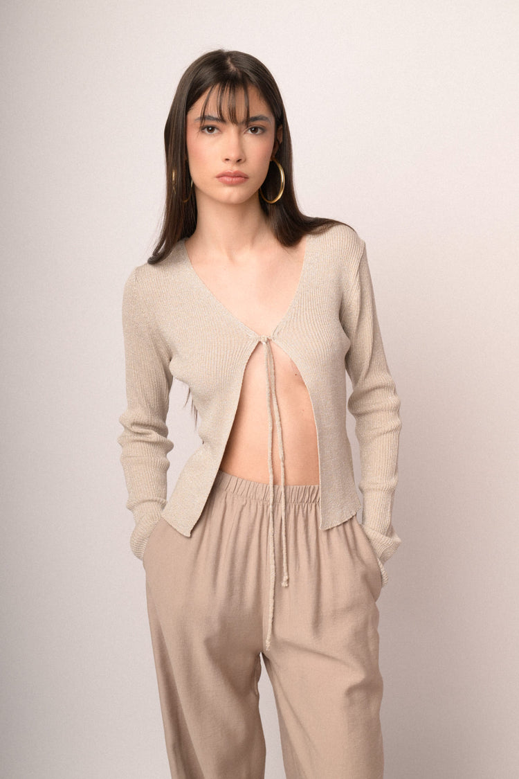 Beige self-tie straps lurex knit cardigan