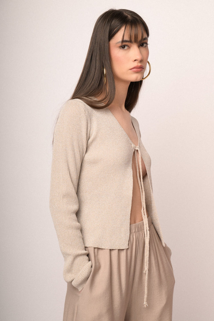 Beige self-tie straps lurex knit cardigan