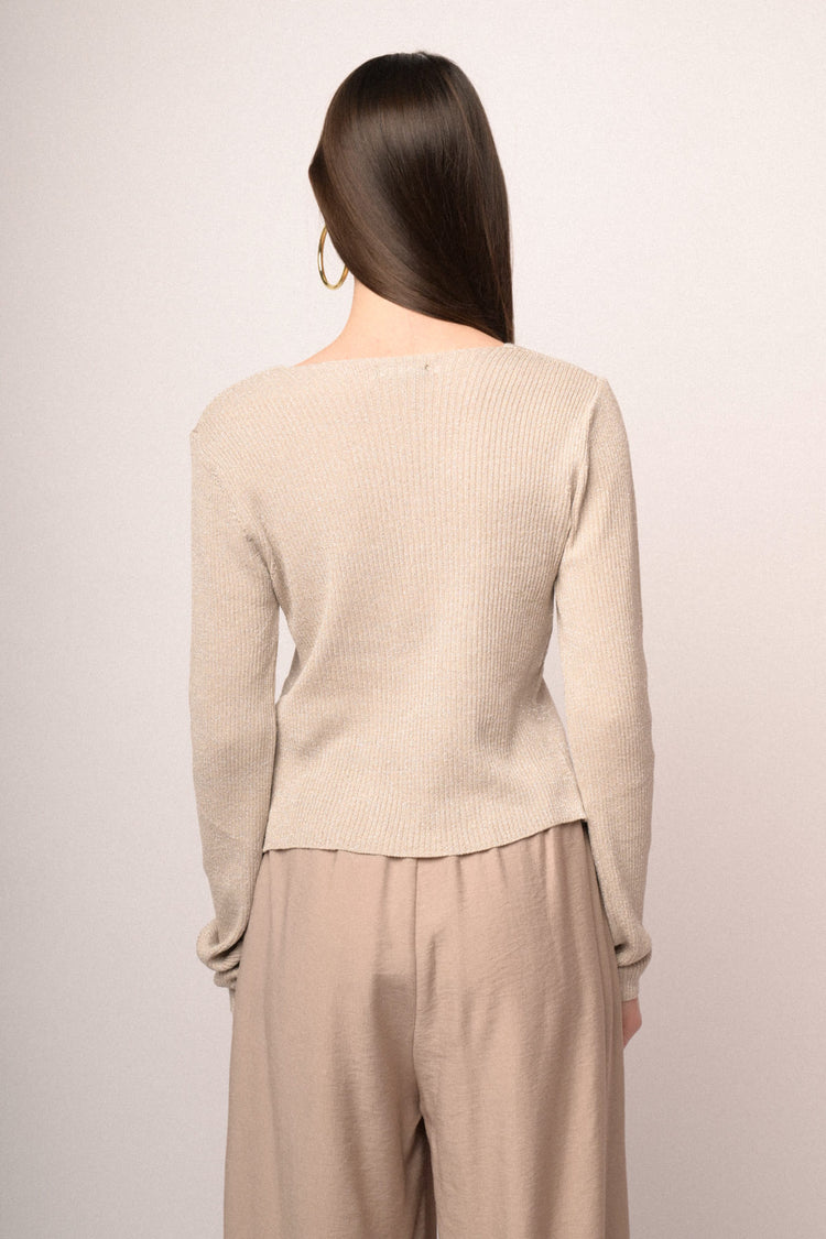 Beige self-tie straps lurex knit cardigan