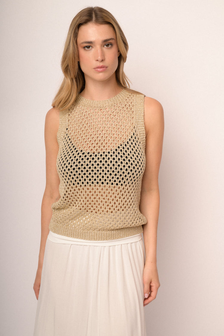 Gold lurex perforated knit top