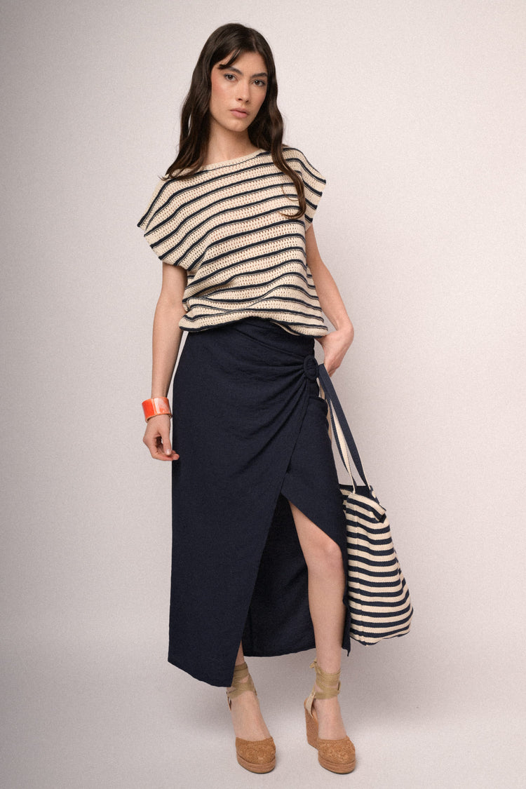 Blue and ivory striped crochet knit top