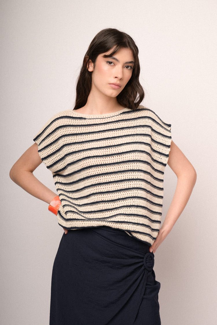 Blue and ivory striped crochet knit top