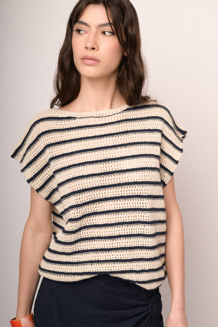 Blue and ivory striped crochet knit top