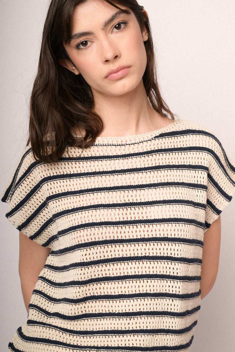 Blue and ivory striped crochet knit top