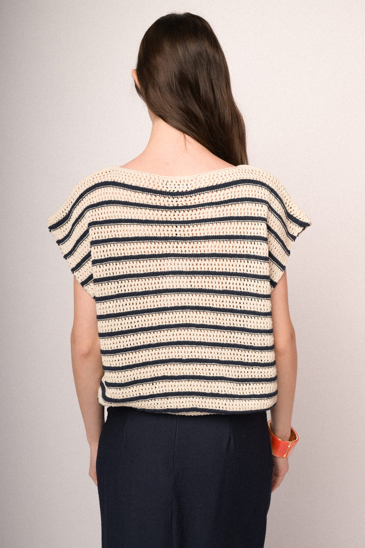 Blue and ivory striped crochet knit top