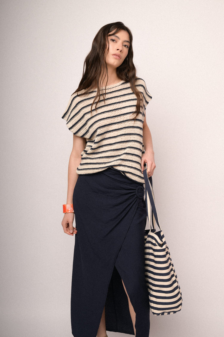 Blue and ivory striped crochet knit top