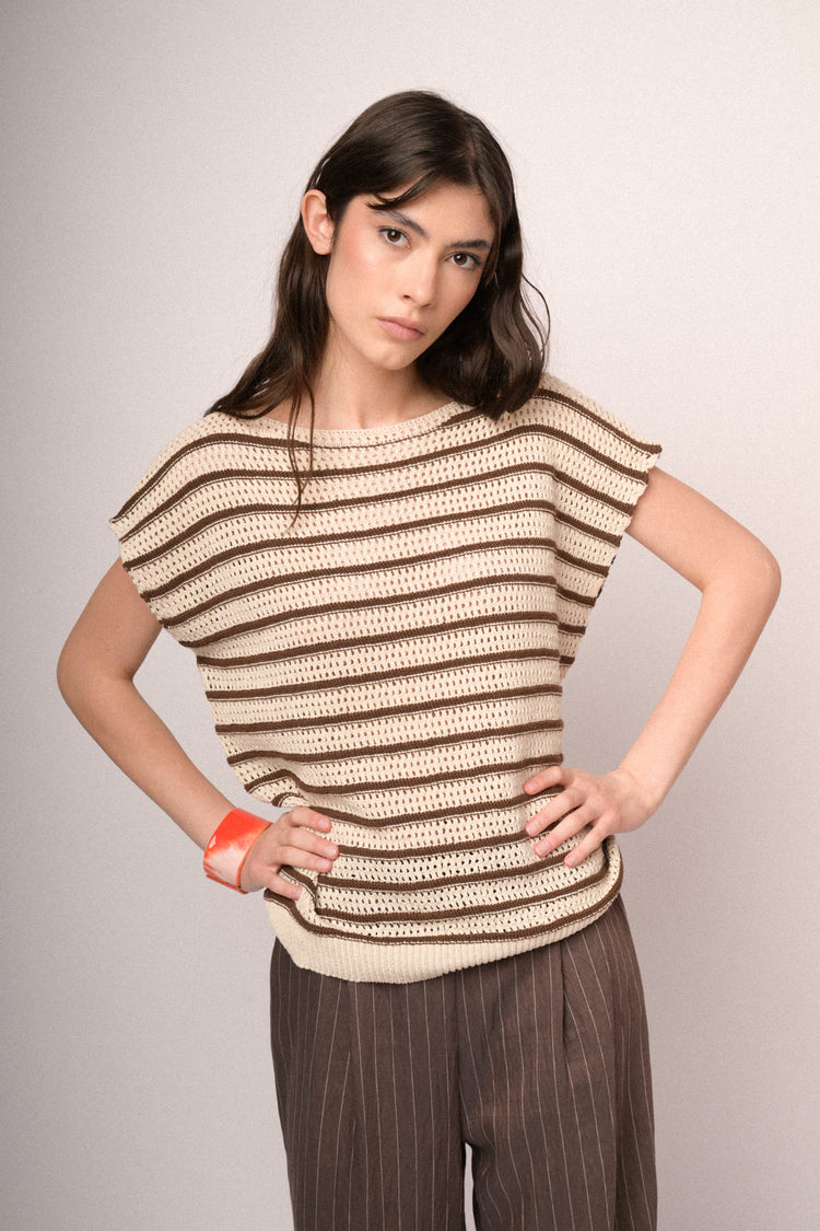 Black and dark brown striped crochet knit top