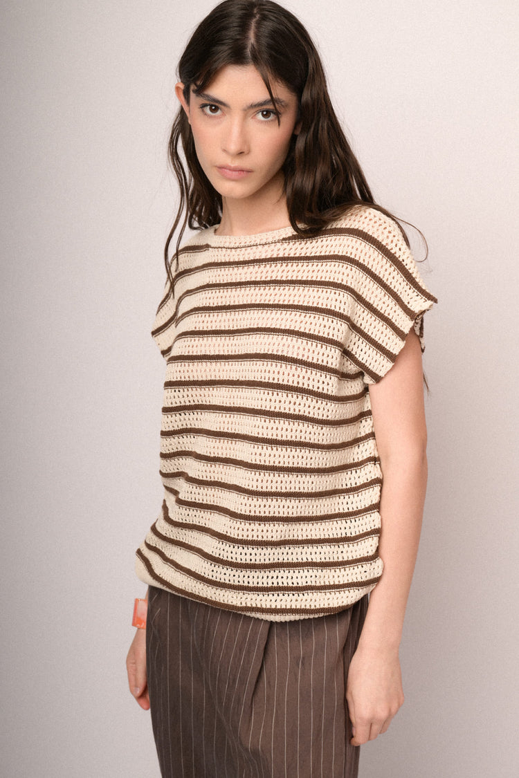 Black and dark brown striped crochet knit top