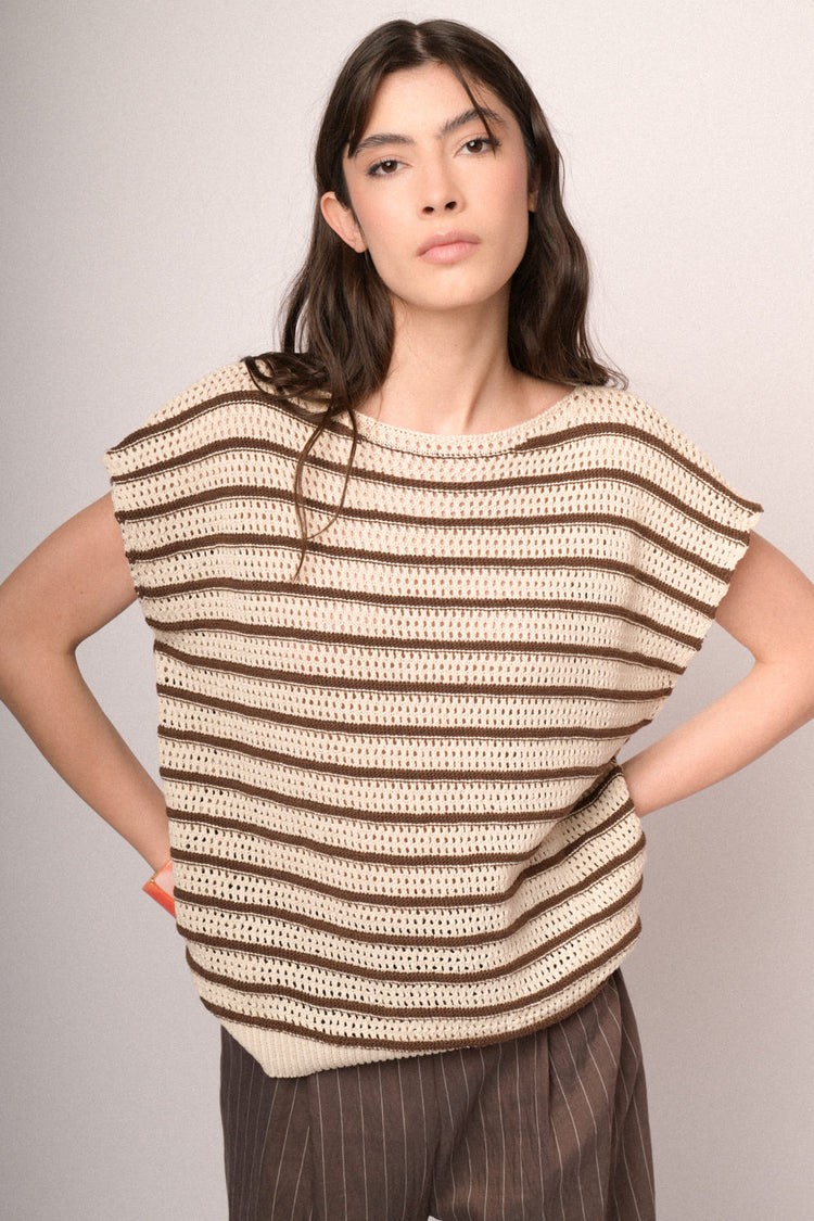 Black and dark brown striped crochet knit top
