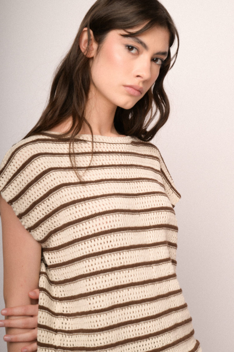 Black and dark brown striped crochet knit top