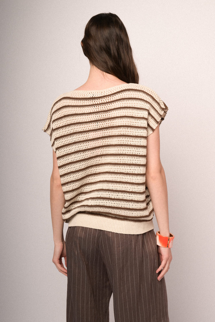 Black and dark brown striped crochet knit top