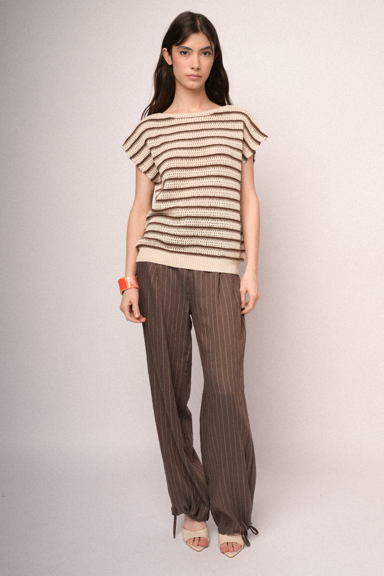 Black and dark brown striped crochet knit top