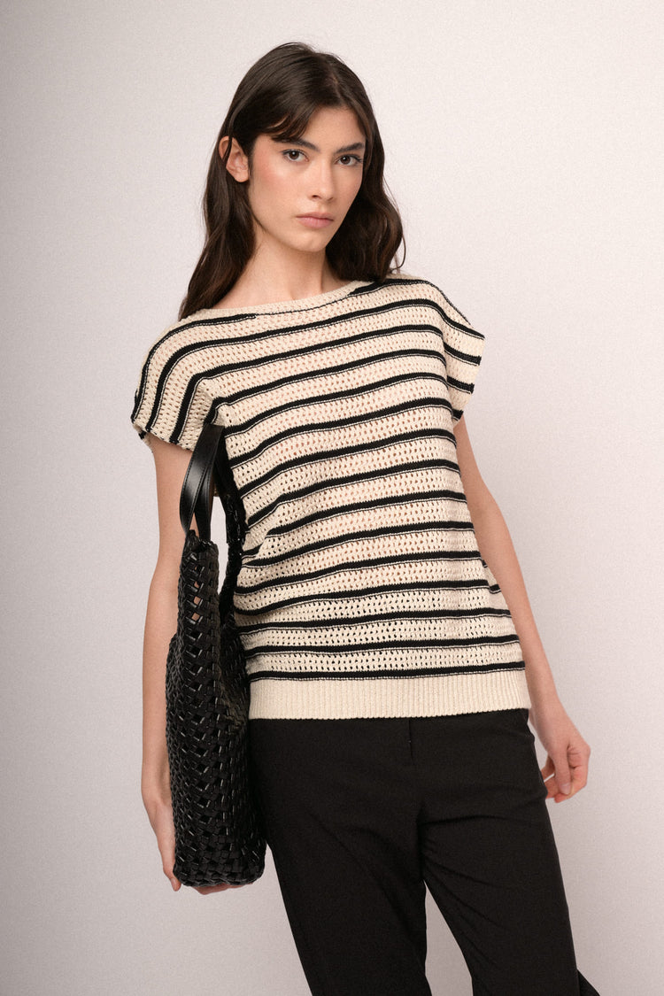 Black and ivory striped crochet knit top