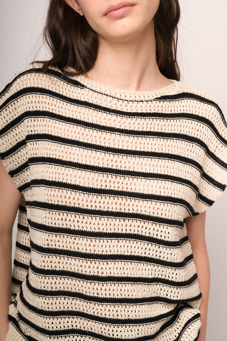 Black and ivory striped crochet knit top