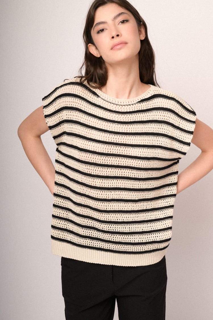 Black and ivory striped crochet knit top