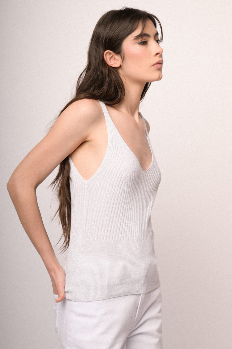 White lurex knit top