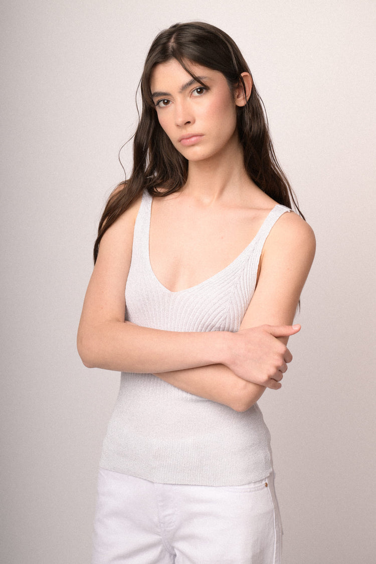 White lurex knit top