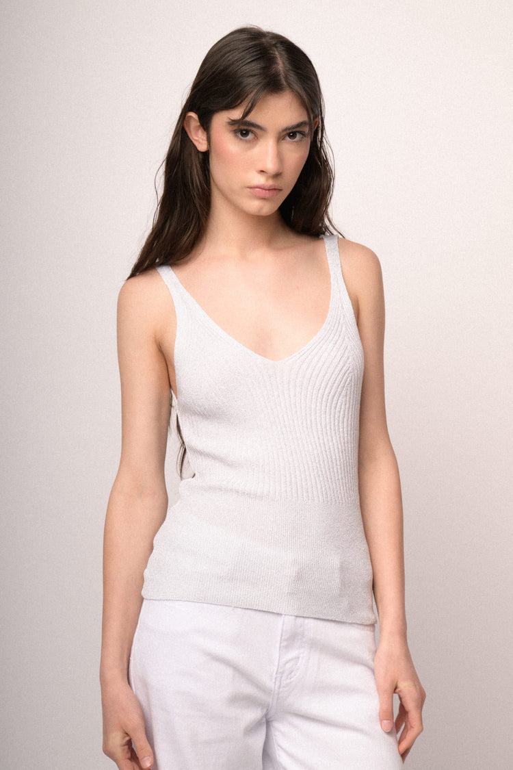 White lurex knit top
