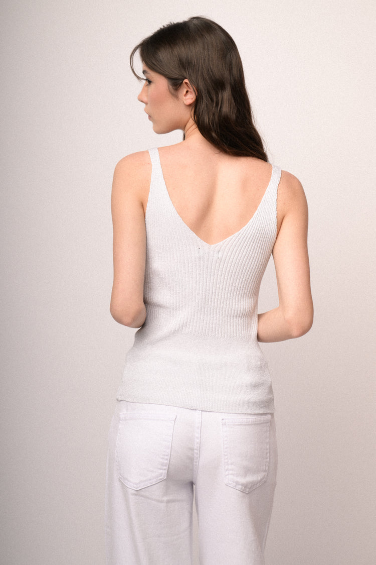 White lurex knit top
