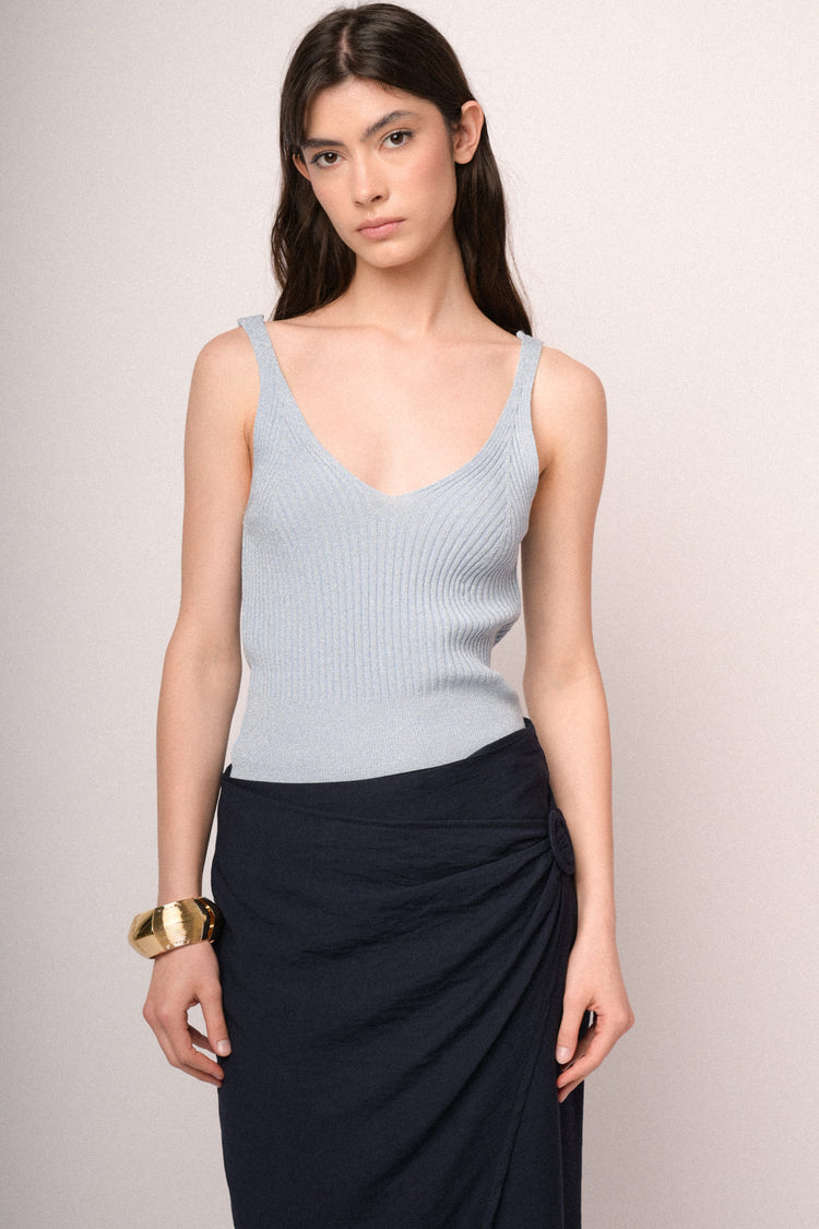 Sky blue lurex knit top
