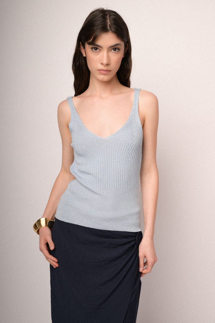 Sky blue lurex knit top